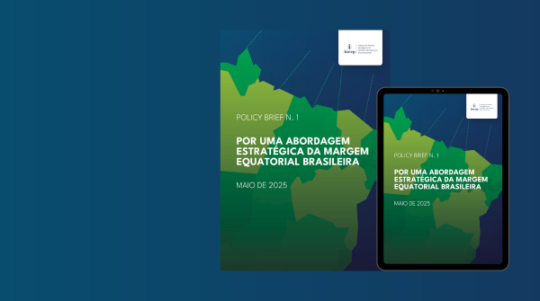 Capa – PB 1 Em um fundo azul escuro, imagens da capa do Policy Brief n. 1 - Por uma abordagem estratégica da Margem Equatorial Brasileira.