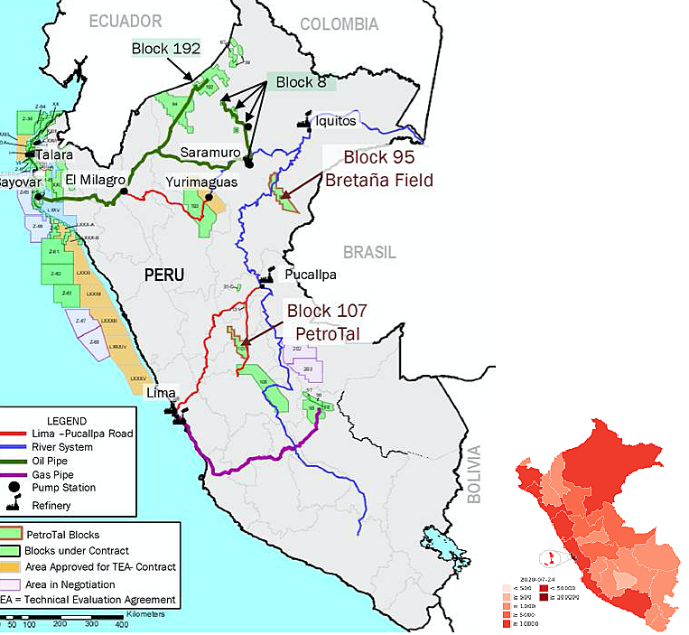 Mapa de atividades petrolíferas no Peru. Petrotal. Morte por Covid 19 por milhão de habitantes em várias regiões do Peru 