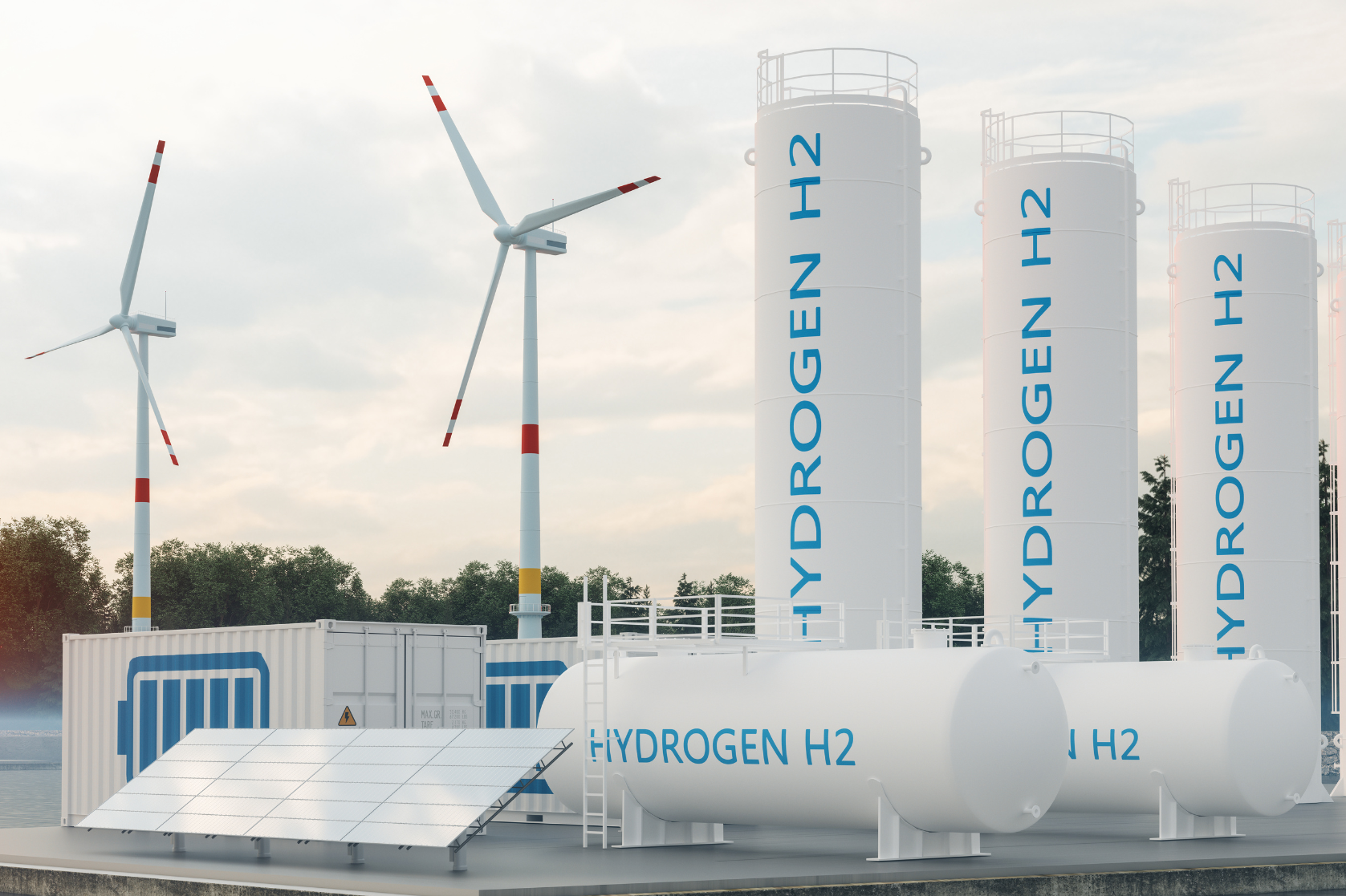 Sistema de armazenamento de energia, com compartimento de armazenamento de hidrogênio, duas turbinas eólicas e um painel solar.