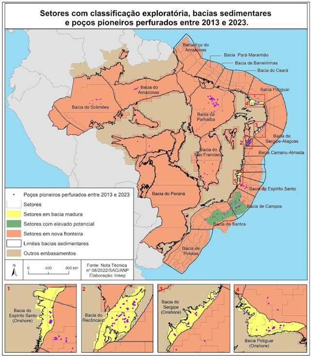 Mapa dos setores com classificação exploratória, bacias sedimentares e poços pioneiros perfurados entre 2013 e 2023. Fonte: Nota Técnica nº 06/2022/SAG/ANP. Elaboração: Ineep.