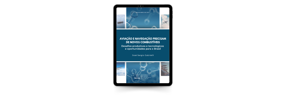 Imagem de um tablet com a capa do estudo estudo “Aviação e navegação precisam de novos combustíveis: desafios produtivos e tecnológicos e oportunidades para o Brasil".