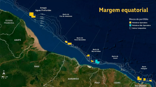 Imagem de um mapa ilustrando a localização da Margem Equatorial brasileira, entre o Amapá e o Rio Grande do Norte. Foto: Divulgação/Petrobras.