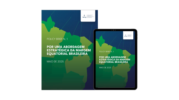 Em um fundo azul escuro, imagens da capa do Policy Brief n. 1 - Por uma abordagem estratégica da Margem Equatorial Brasileira.